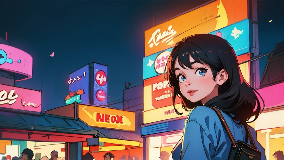 highest quality, masterpiece), 1 Girl, 1980s \(style\)Beautiful expression,lmao,Turning around and looking at the viewer with a smile,\(style\)Upper Body,pin up , \(style\)Black Hair,\(style\), citypop, lofi,\(style\),1980s fashion,,casual,1980s fashion, citypop,retro,\(style\)neon,Amusement park at night,Illuminated lights,