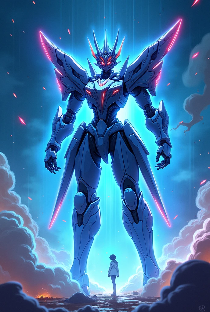 rich blue, Fluorescent Cyan, anime, Giant Robot, Uplifting,Junmin, A full-body image of a simple female super robot, Fighting with the enemy, Simple Background,universe,