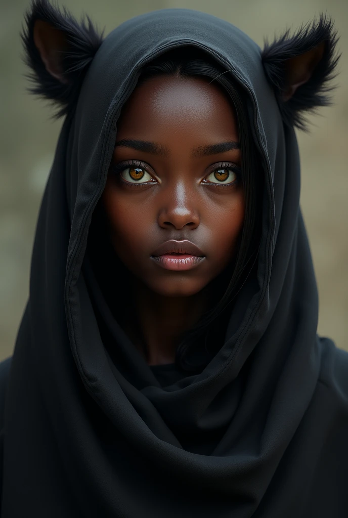 realistic young woman from india wide face, smooth black fur, Dark skin with light yellow eyes and a serious expression