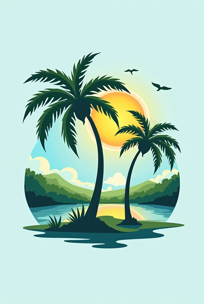Minimalist and colorful logo, in the icon style for social network profile with three buriti palm trees (Mauritia Flexuosa) in the swamp, with the sun shining brightly in the blue sky, with birds flying in the distance in the sky. Centered logo.
