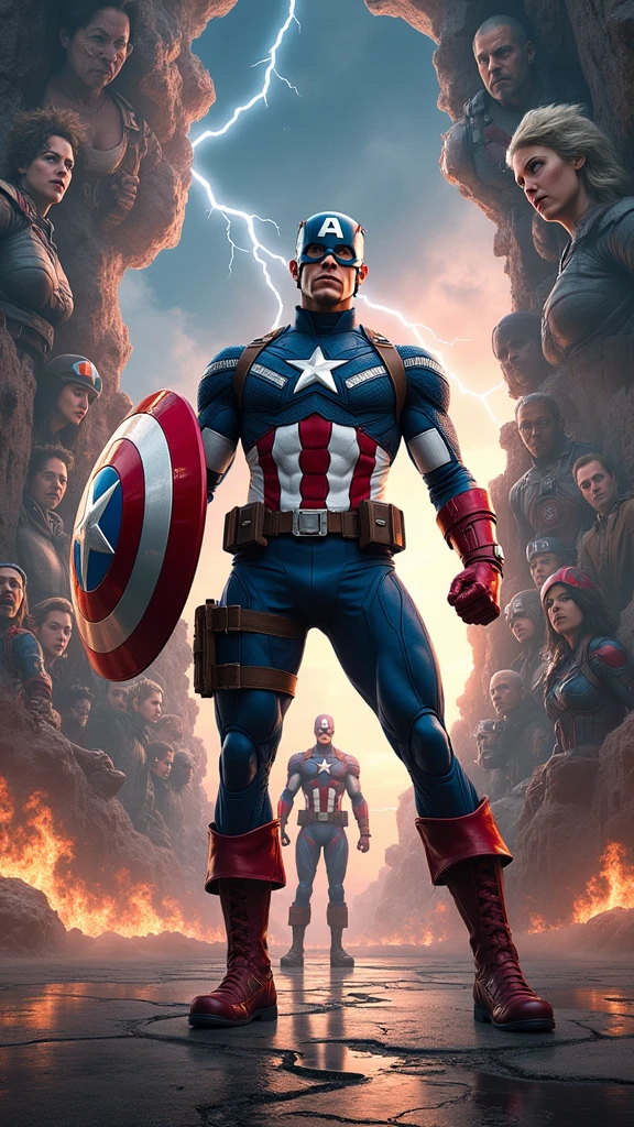 Clareza e Especificidade no Prompt: Captain America stands at the center of the image, with his shield raised defensively as the world around him begins to distort and fracture. The scene focuses on the chaos of time collapsing in on itself, with multiple versions of events and characters from different timelines converging.
Detalhes Visuais: Captain America is depicted in his full suit, standing firm with his shield glowing faintly from the energy of the Reality Stone embedded within it. His expression is one of shock and determination as he watches time begin to unravel. Around him, the environment should show fractured pieces of reality—shards of glass-like time fragments that reflect different moments of his life. These fragments should include distorted images of his battles, allies, and key moments, all blending and overlapping in a chaotic yet controlled manner.
Contexto e Composição: The composition centers on Captain America, but the background is filled with swirling, fragmented images and temporal distortions. The perspective should be slightly above, looking down at Captain America, emphasizing the disorienting effect of the paradox forming around him. Various temporal versions of himself might appear, each slightly out of sync, adding to the visual complexity.
Atenção ao Ambiente: The environment around Captain America should be a chaotic mix of timelines colliding. The ground beneath him cracks and splinters, with fragments of past and future scenes merging together. The sky is split into different colors and times of day—daylight on one side, night on the other, with a twilight zone in between where stars and the sun coexist. Lightning and temporal energy arcs through the sky, connecting the fragments of time like electrical currents.
Referências Emocionais: The atmosphere is tense and chaotic, filled with a sense of impending disaster. Captain America's posture is defensive, as if he’s bracing against a force beyond his control. His eyes reflect
