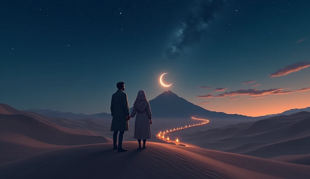 Imagine two people of Saudi origin, one man and one woman, standing in a vast desert under a starry night sky. They are watching a big mountain in the distance, illuminated by the soft light of the crescent moon. The path leading up the mountain is lit by small lanterns along the trail, symbolizing the challenges and achievements they faced. The stars and moon in the background reflect the energy and determination needed to achieve success..