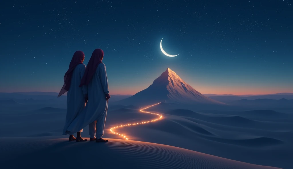 Imagine two people of Saudi origin, one man and one woman, standing in a vast desert under a starry night sky. They are watching a big mountain in the distance, illuminated by the soft light of the crescent moon. The path leading up the mountain is lit by small lanterns along the trail, symbolizing the challenges and achievements they faced. The stars and moon in the background reflect the energy and determination needed to achieve success..