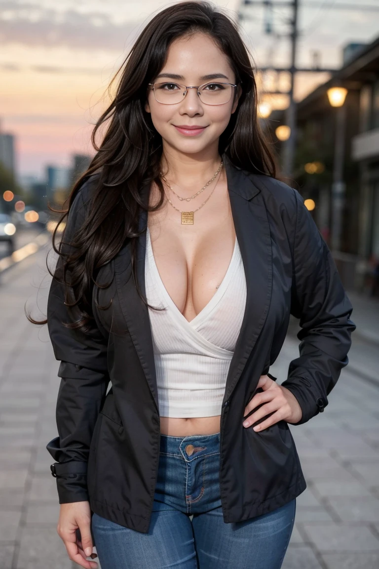 1girl chubby, long hair, looking at viewer, smile, black collar jacket, very thin white shirt seeing silhouette of her large breast, black hair, navel, white tube, brown eyes, large jewelry, standing, glasses, unbutton pants, large necklace, mole, multiple views, buttons, ring, denim, large black-framed eyewear, mole on breast, jeans, realistic, background at the night with city light