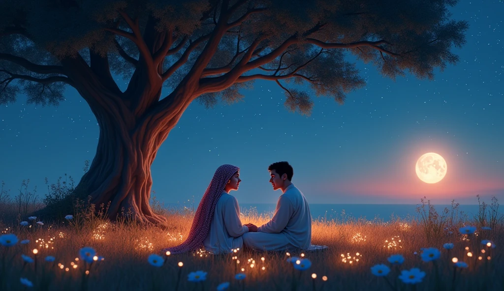 Picture a young Saudi woman and a man, both in traditional dress, sitting under a large tree in an open field at night. The sky is filled with stars and the full moon shines softly above. Ao redor deles, there are flowers illuminated by small lights, each one representing an emotion. They are arguing and smiling, demonstrating understanding and empathy. The scenery conveys peace and balance, symbolizing the importance of emotional intelligence.