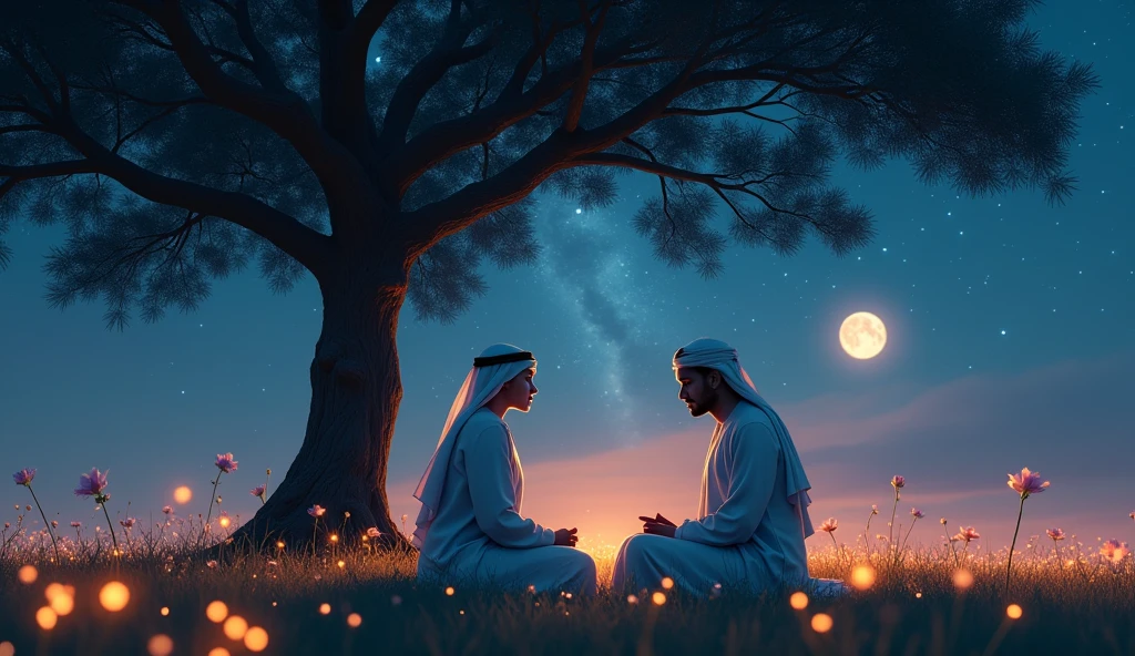 Picture a young Saudi woman and a man, both in traditional dress, sitting under a large tree in an open field at night. The sky is filled with stars and the full moon shines softly above. Ao redor deles, there are flowers illuminated by small lights, each one representing an emotion. They are arguing and smiling, demonstrating understanding and empathy. The scenery conveys peace and balance, symbolizing the importance of emotional intelligence.