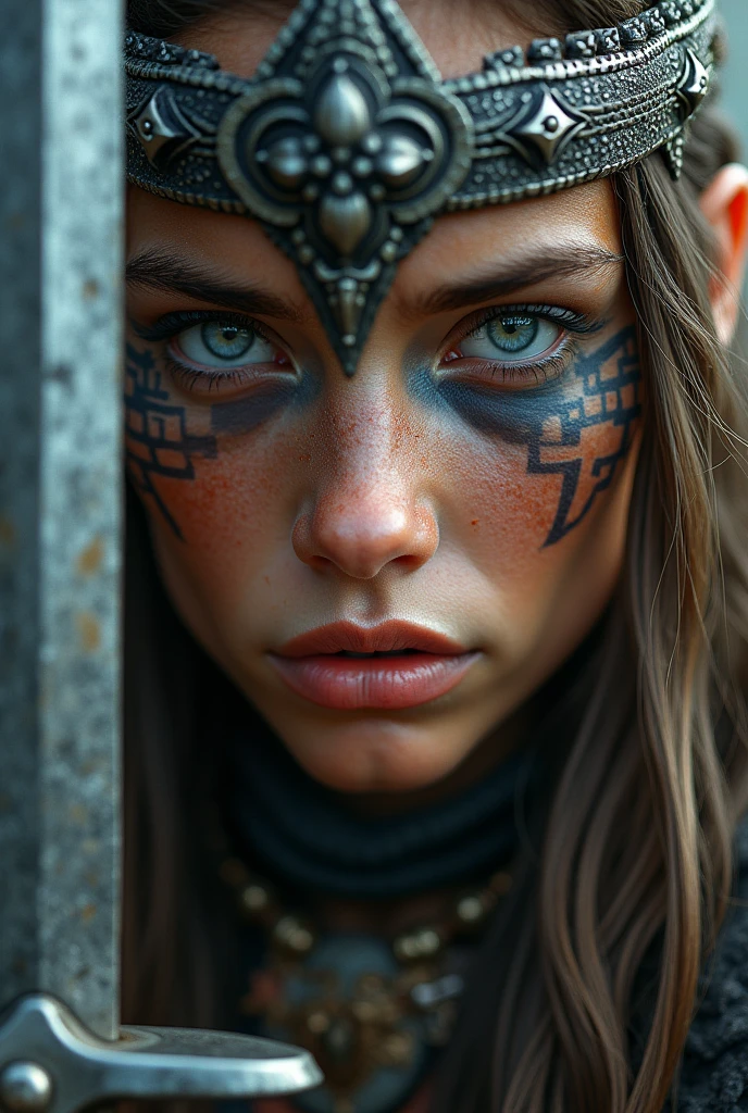 Close up viking warrior with sword in hand, young woman, makeup on face, sword next to the face, large head ornament , necklace on the neck, painted face