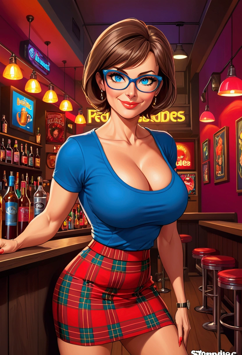 50 year old woman, Short brown hair, Méditerranéenne aux blue eye, Generous and heavy breasts, slender waist, estomac defini, fesses rebondies et pulpeuses, naturally curved, muscular thighs, aguicheuse, nightclub , blue eye, lunettes, red tartan skirt and t-shirt, ssmile
