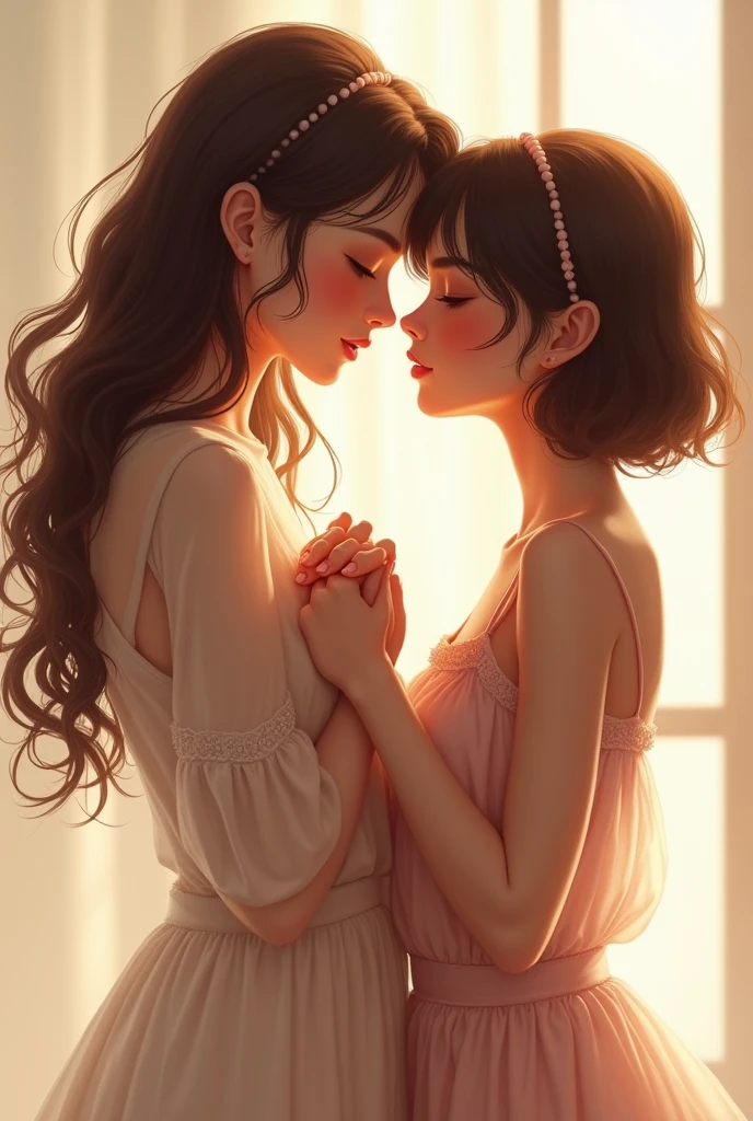 NOW CREATE A DRAWING OF 2 girls, one of them is tall with brown hair and it reaches her back and they have wavy hair and white skin and the other is a little shorter than the other, reaching her chin, she has skin that is a little less white with SHORT HAIR up to her ears and,    that the two are hand in hand and very much in love , Remember that both are women THEY ARE MARRIED 