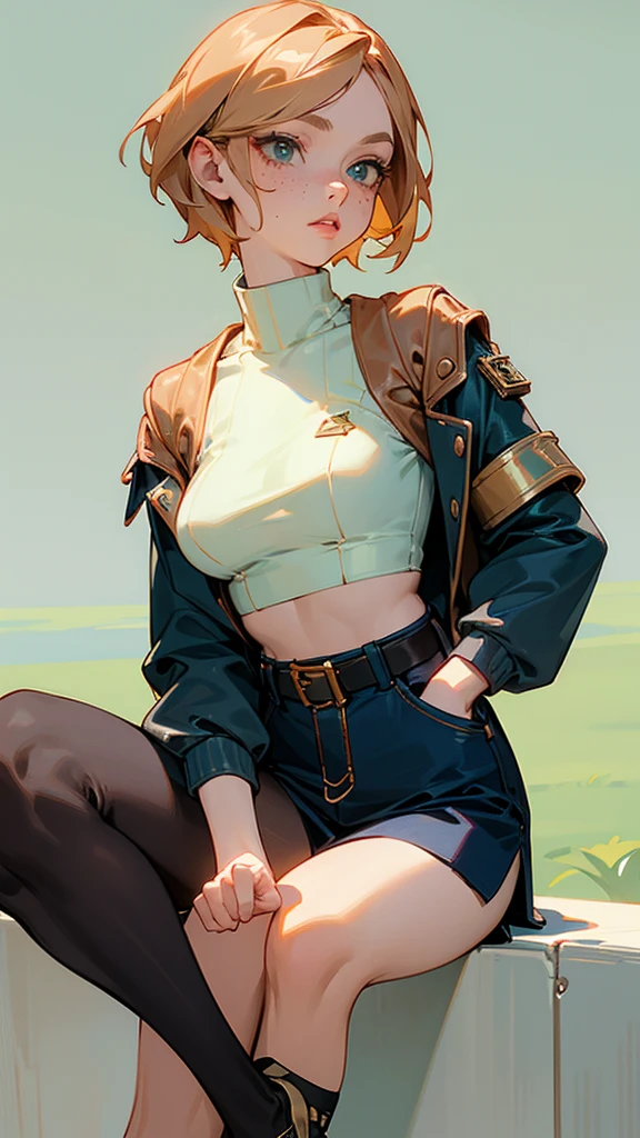 creates a woman with a delicate and beautiful face, short copper blonde hair. Mint green eyes and subtle freckles. short stature, Navy blue turtleneck crop top. black wide pleated jean skirt, black belt with gold buckle. white sports shoes. black stockings. Pretty lips. red sports jacket, sitting on the grass. makes the gesture of peace and love over his eye