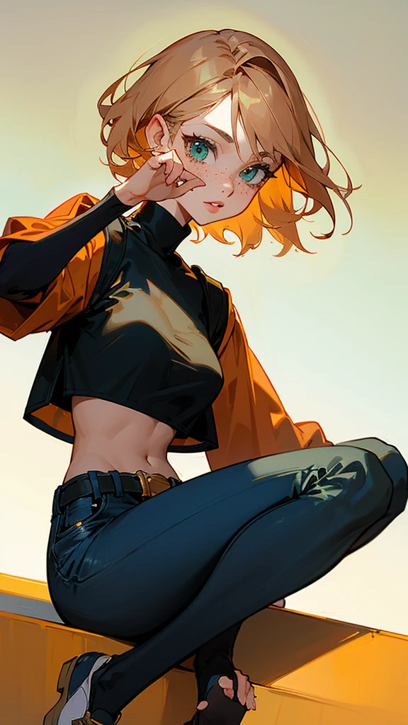 creates a woman with a delicate and beautiful face, short copper blonde hair. Mint green eyes and subtle freckles. short stature, Navy blue turtleneck crop top. black wide pleated jean skirt, black belt with gold buckle. white sports shoes. black stockings. Pretty lips. red sports jacket, sitting on the grass. makes the gesture of peace and love over his eye