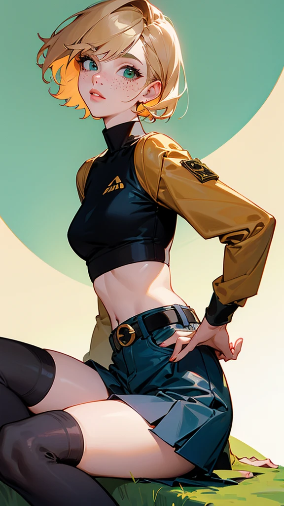 creates a woman with a delicate and beautiful face, short copper blonde hair. Mint green eyes and subtle freckles. short stature, Navy blue turtleneck crop top. black wide pleated jean skirt, black belt with gold buckle. white sports shoes. black stockings. Pretty lips. red sports jacket, sitting on the grass. makes the gesture of peace and love over his eye