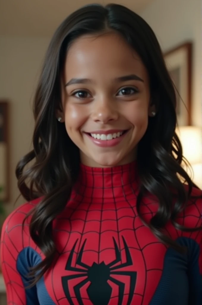 Make Jenna Ortega in the Spiderman outfit with her pussy marked 