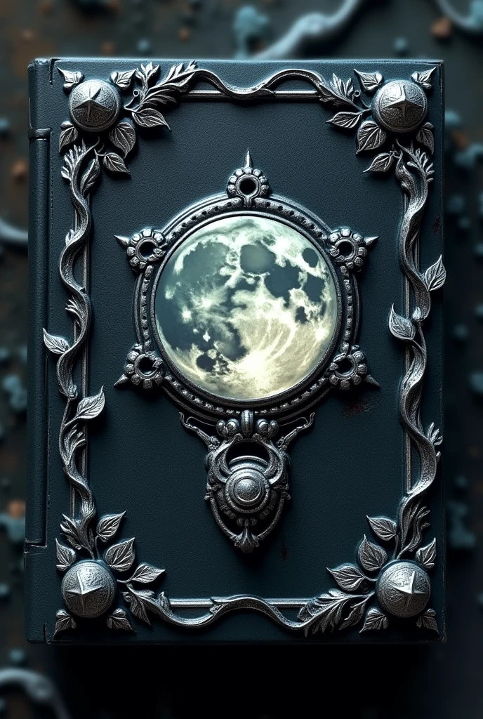 a black grimoire with silver carvings with small vine leaves on the four corners of the cover and in its center a full moon with cufflink