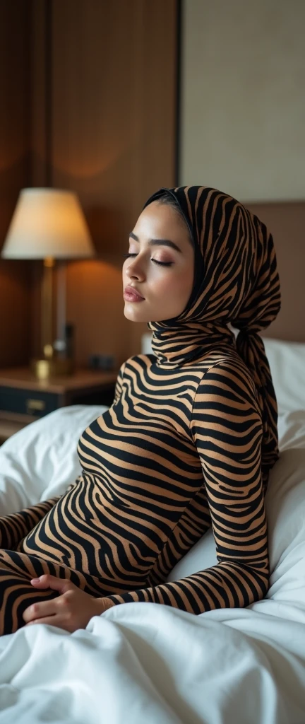The most beautiful,thin,most pretty and clever Malaysian muslimah adult girl wears zebra print lycra turtleneck unitard catsuit covered with many stripes.She always wear zebra print lycra dancewear stretchy square hijab covered with many stripes.She sleeps on the bed like a catnap.