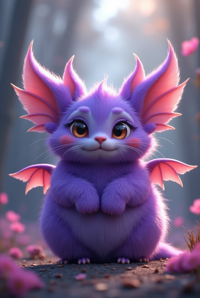 spherical creature without body, with purple fur and cat ears, that has four tender eyes and two mouths, In addition to wings that are a mix between fly and bat wings, and have two cow tails