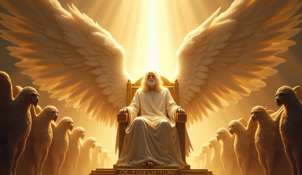 God with his hair as white as snow, His face is hidden by pure light, seated on his golden thrown. Cherubim having 6wings, two wings to covering their feet, two wings to cover their face, and two to fly and Seraphim having 6 wings, and four faces, the face of a man, an eagle, an Bull and a Lion. They are around God's thrown. God is vast, 32K UHD, Style Raw, detailed, masterpiece, realistic, your golden sign written "king of kings , Lord of Lords " Its resplendent light capable of blinding any vision