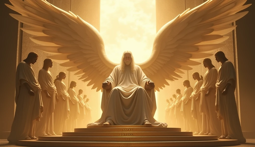 God with his hair as white as snow, His face is hidden by pure light, seated on his golden thrown. Cherubim having 6wings, two wings to covering their feet, two wings to cover their face, and two to fly and Seraphim having 6 wings, and four faces, the face of a man, an eagle, an Bull and a Lion. They are around God's thrown. God is vast, 32K UHD, Style Raw, detailed, masterpiece, realistic, your golden sign written "king of kings , Lord of Lords " Its resplendent light capable of blinding any vision