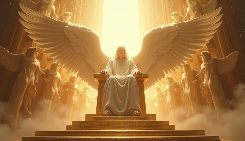 God with his hair as white as snow, His face is hidden by pure light, seated on his golden thrown. Cherubim having 6wings, two wings to covering their feet, two wings to cover their face, and two to fly and Seraphim having 6 wings, and four faces, the face of a man, an eagle, an Bull and a Lion. They are around God's thrown. God is vast, 32K UHD, Style Raw, detailed, masterpiece, realistic, your golden sign written "king of kings , Lord of Lords " Its resplendent light capable of blinding any vision
