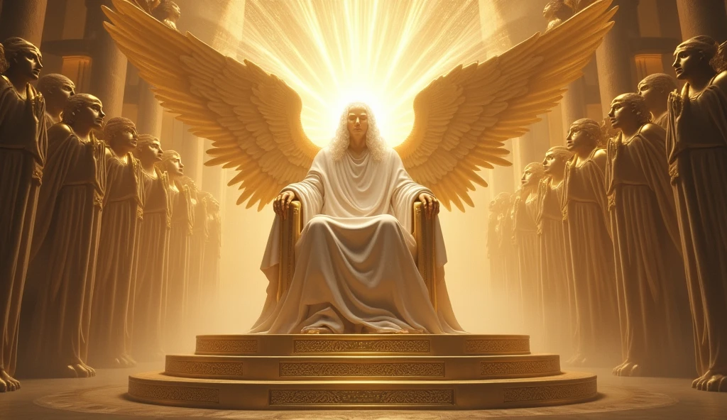 God with his hair as white as snow, His face is hidden by pure light, seated on his golden thrown. Cherubim having 6wings, two wings to covering their feet, two wings to cover their face, and two to fly and Seraphim having 6 wings, and four faces, the face of a man, an eagle, an Bull and a Lion. They are around God's thrown. God is vast, 32K UHD, Style Raw, detailed, masterpiece, realistic, your golden sign written "king of kings , Lord of Lords " Its resplendent light capable of blinding any vision