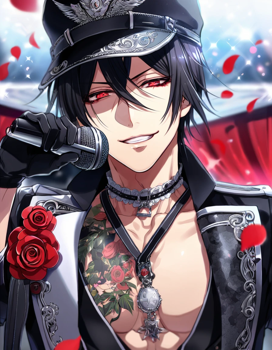 Ultra detailed, Highres, absurdres, HDR, master piece, Sebastian Michaelis, black hair, expressive red eyes, Kuroshitsuji, sexy man holding a microphone, solo, rocker, black rocker clothes with trimmings, red petals, glittering, black gloves, red flowers, sensual, fantasy, idol stage, concert, horny, erotic, toned chest, manly man, handsome smile, visual kei, close up, black cap, Black Butler,