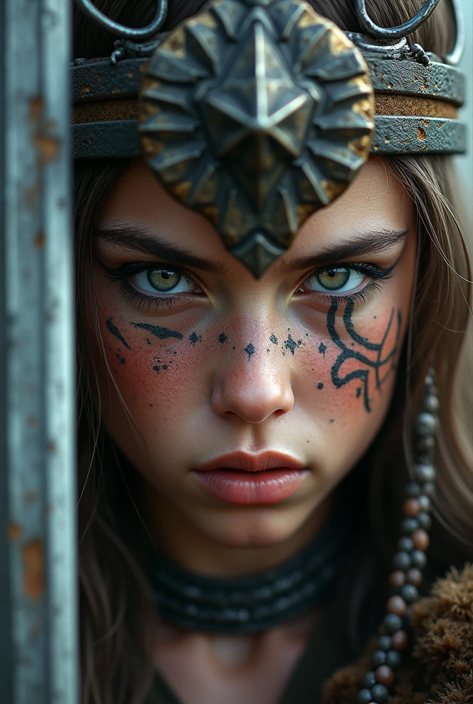 Close up viking warrior with sword in hand, young woman, makeup on face, sword next to the face, large head ornament , necklace on the neck, painted face