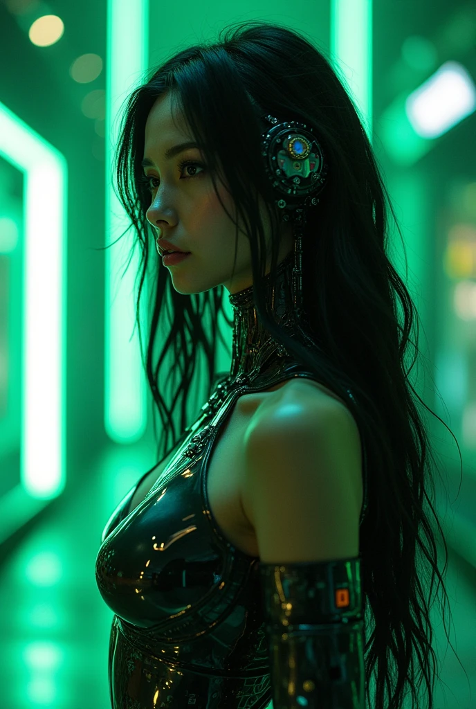 Kizi, robotic goddess, half-human, half-robot, pele humana realisitic, long hair, dark haired, pose lateral, Robotic Parts, partially human appearance, might, smart, realisitic, QUALITY IMAGE, dystopian background l, Technological Fund, futuristic technology, human race, Influence, hacker, clear mechanical parts, contrast with neon green in the details