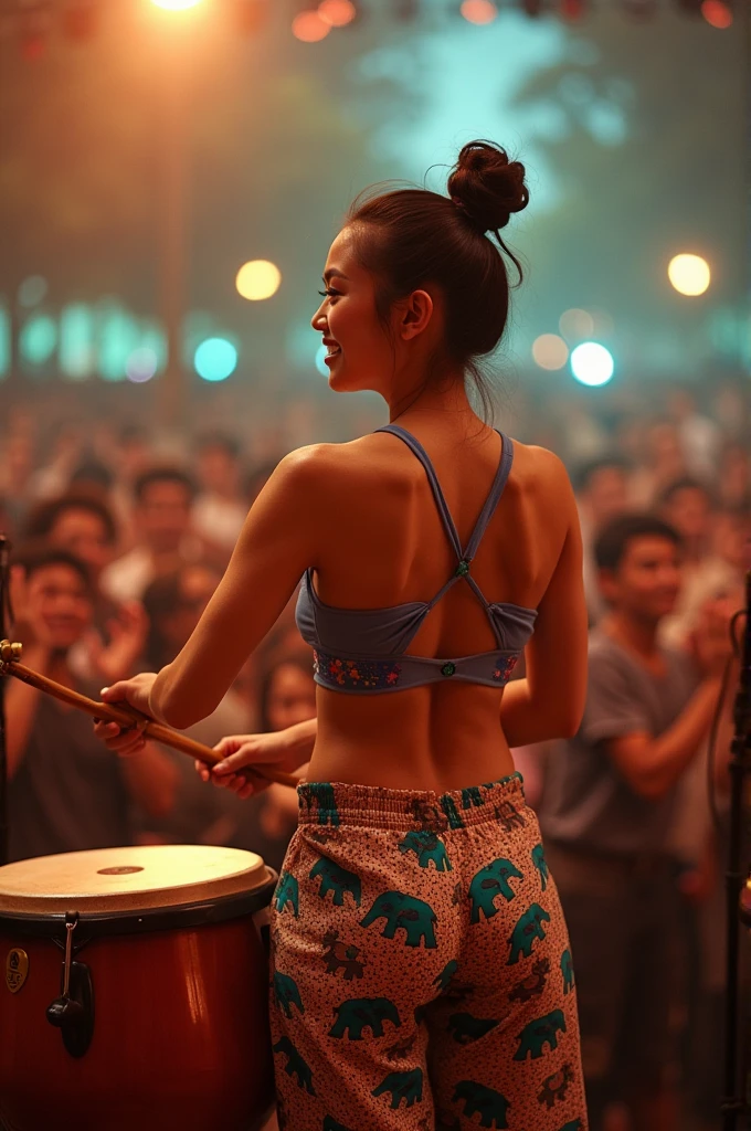 Fujifilm style photo. A 30-year-old Thai woman with a great figure is playing the Can Isaan at a concert. She is wearing elephant-patterned pants and has a calm and happy expression. The backdrop of the concert consists of many people. The lights, colors, sounds, and the joyful atmosphere reflect the fun of Thai people.