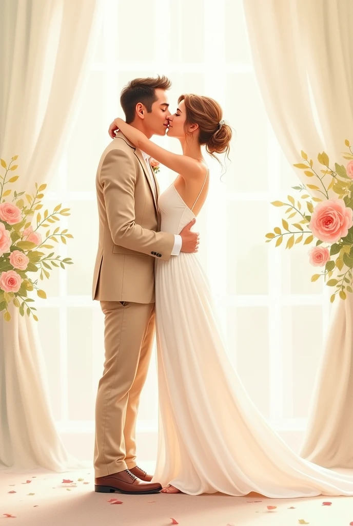Wedding kiss pintable watercolor print art. Beige suit and white dress pape craft
