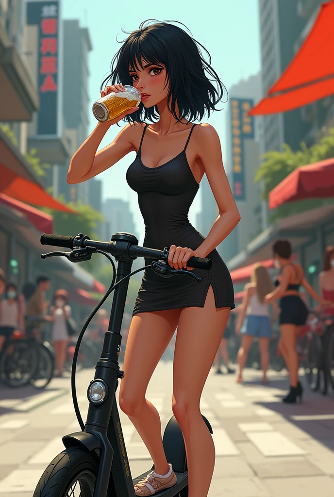 Black-haired skinny Irena drinks beer and rides an e-scooter. She is wearing a mini dress.