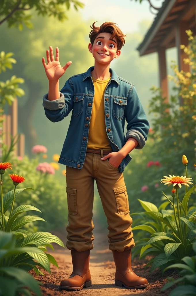 Man 20 years old brown hair , light brown eyes in gardening clothes waving