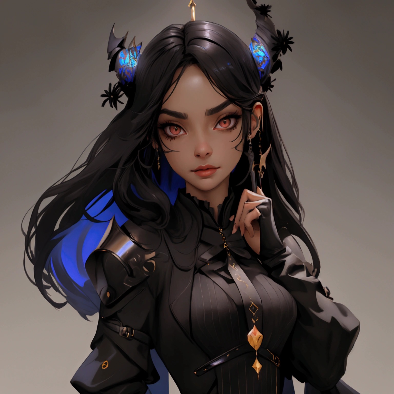 envision a 8k, highres, cinematic, close up beautiful portrait of a Tall woman named Nerissa Novella with long black hair, devil horns, Amber eyes, wearing a black sleek dress with magic attachments and armor plates wielding a tuning fork spear against a dark background