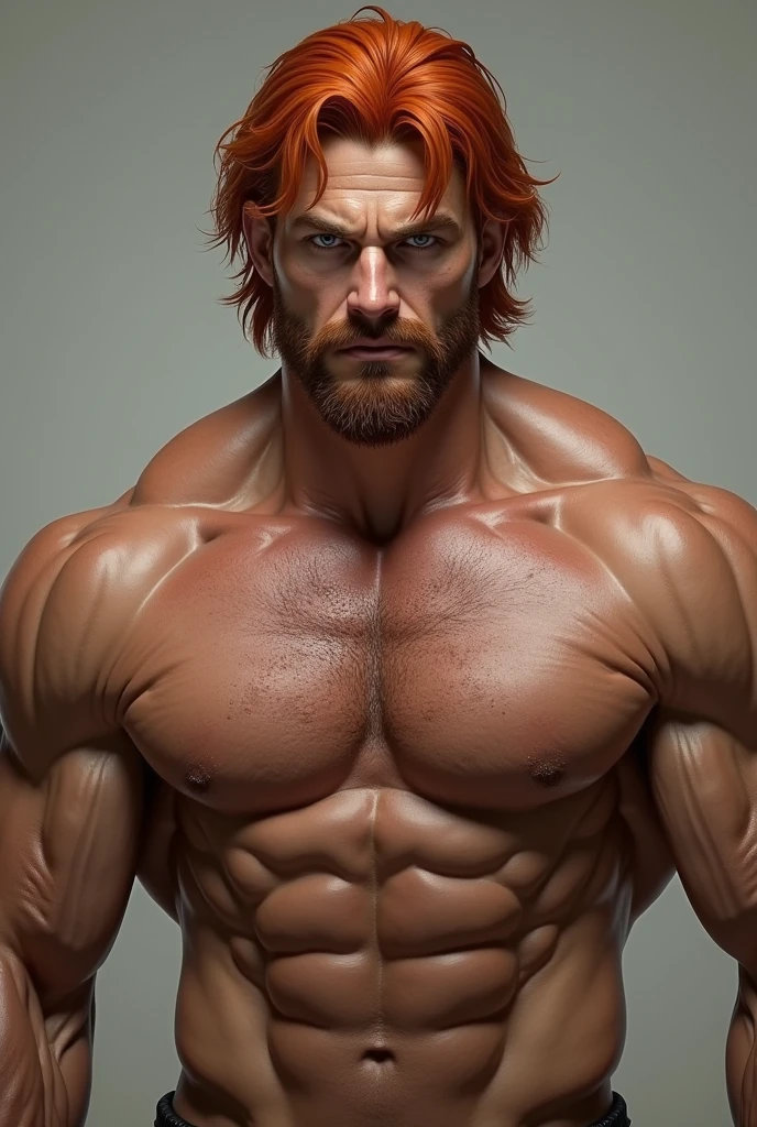 An adult man with reddish hair that reaches his shoulders, grey eyes and lots of muscles