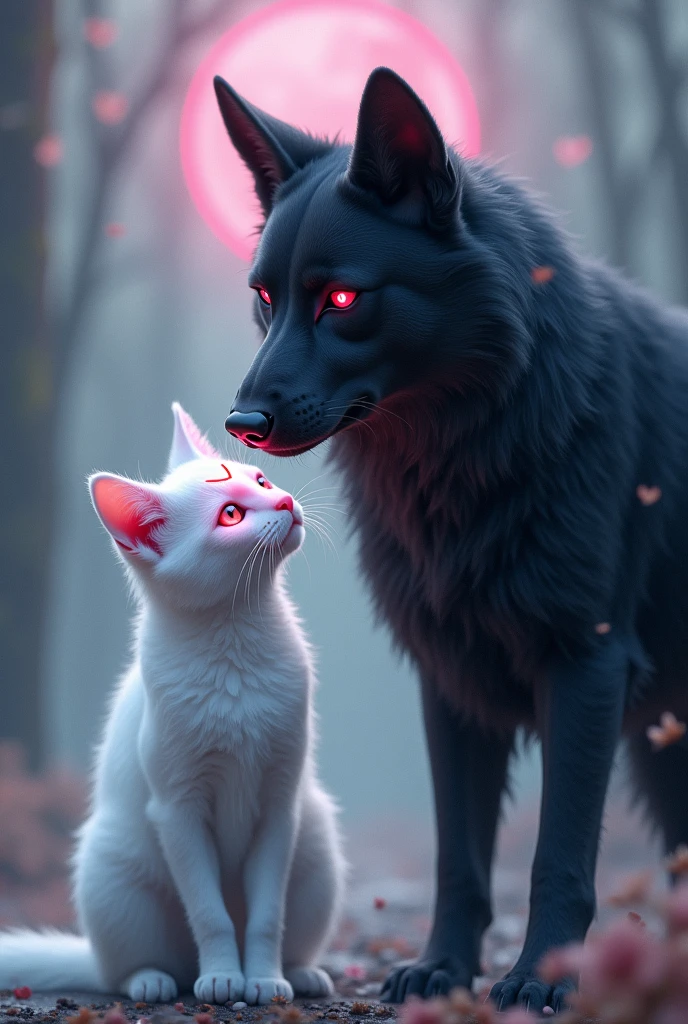 A white cat with a pink moon on her forehead and next to her a black wolf dog with red eyes Guardian