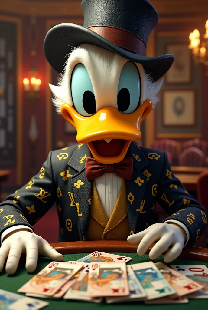Donald duck, louis vuitton suit, hot woman, money euros ,poker,