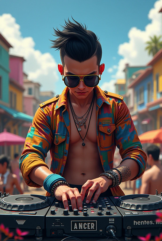 Young, big, strong, dark-haired DJ with military-style hair in colorful clothes and big, colorful biker glasses playing music with a favela in the background 