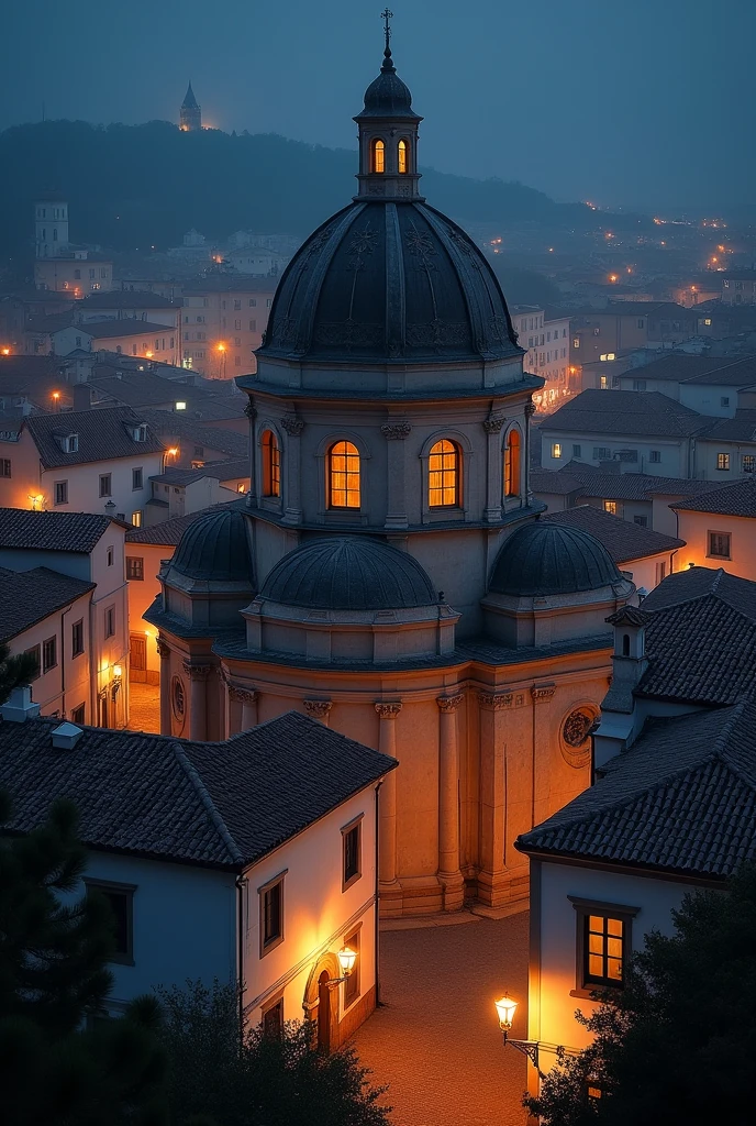 Night View - The entire image is dark, with the buildings and cityscape lit up at night.Church building - A large church building with a dome can be seen in the center of the image.Townscape - The church is surrounded by a dense townscape of buildings with white walls and red roofs.Distant view - The background of the buildings depicts the distant horizon, visible in the darkness.Reflections of Light - The buildings and cityscape are seen reflecting light from illuminated areas.Atmosphere - The overall atmosphere is mysterious and magical.One gets the sense that this image captures the historical cityscapes of southern Europe, such as Portugal.The church is impressive as it emerges in the silence of the night.