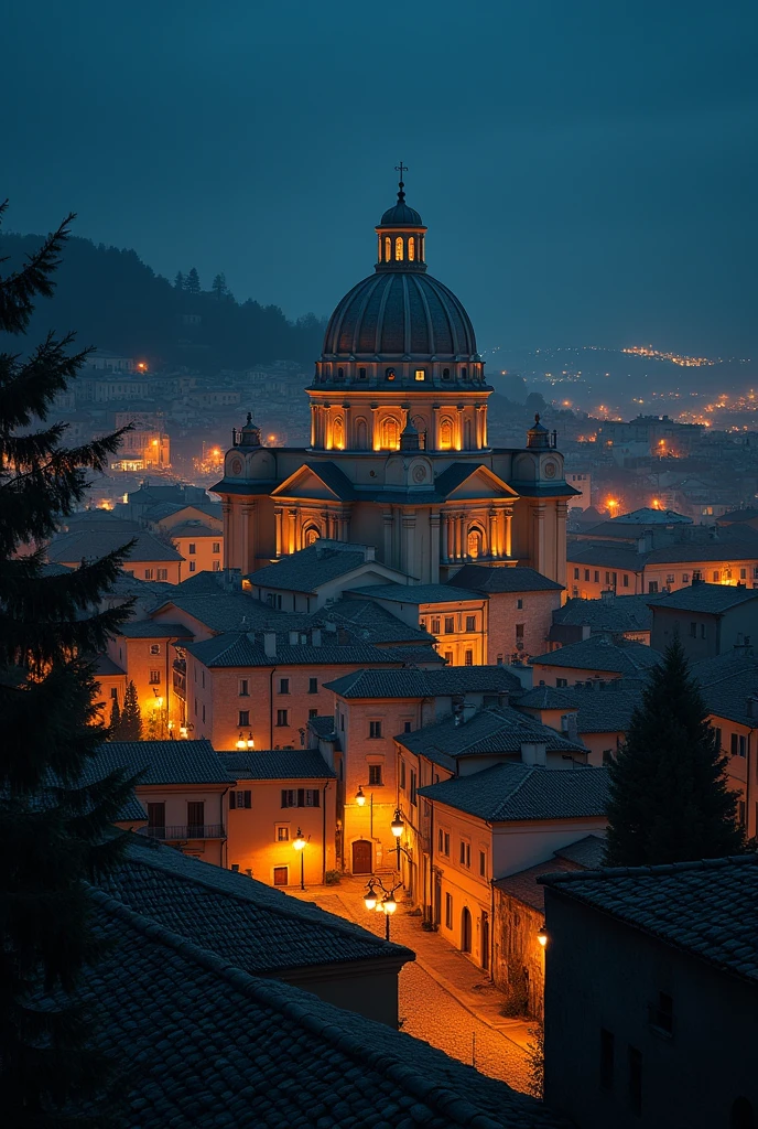 Night View - The entire image is dark, with the buildings and cityscape lit up at night.Church building - A large church building with a dome can be seen in the center of the image.Townscape - The church is surrounded by a dense townscape of buildings with white walls and red roofs.Distant view - The background of the buildings depicts the distant horizon, visible in the darkness.Reflections of Light - The buildings and cityscape are seen reflecting light from illuminated areas.Atmosphere - The overall atmosphere is mysterious and magical.One gets the sense that this image captures the historical cityscapes of southern Europe, such as Portugal.The church is impressive as it emerges in the silence of the night.