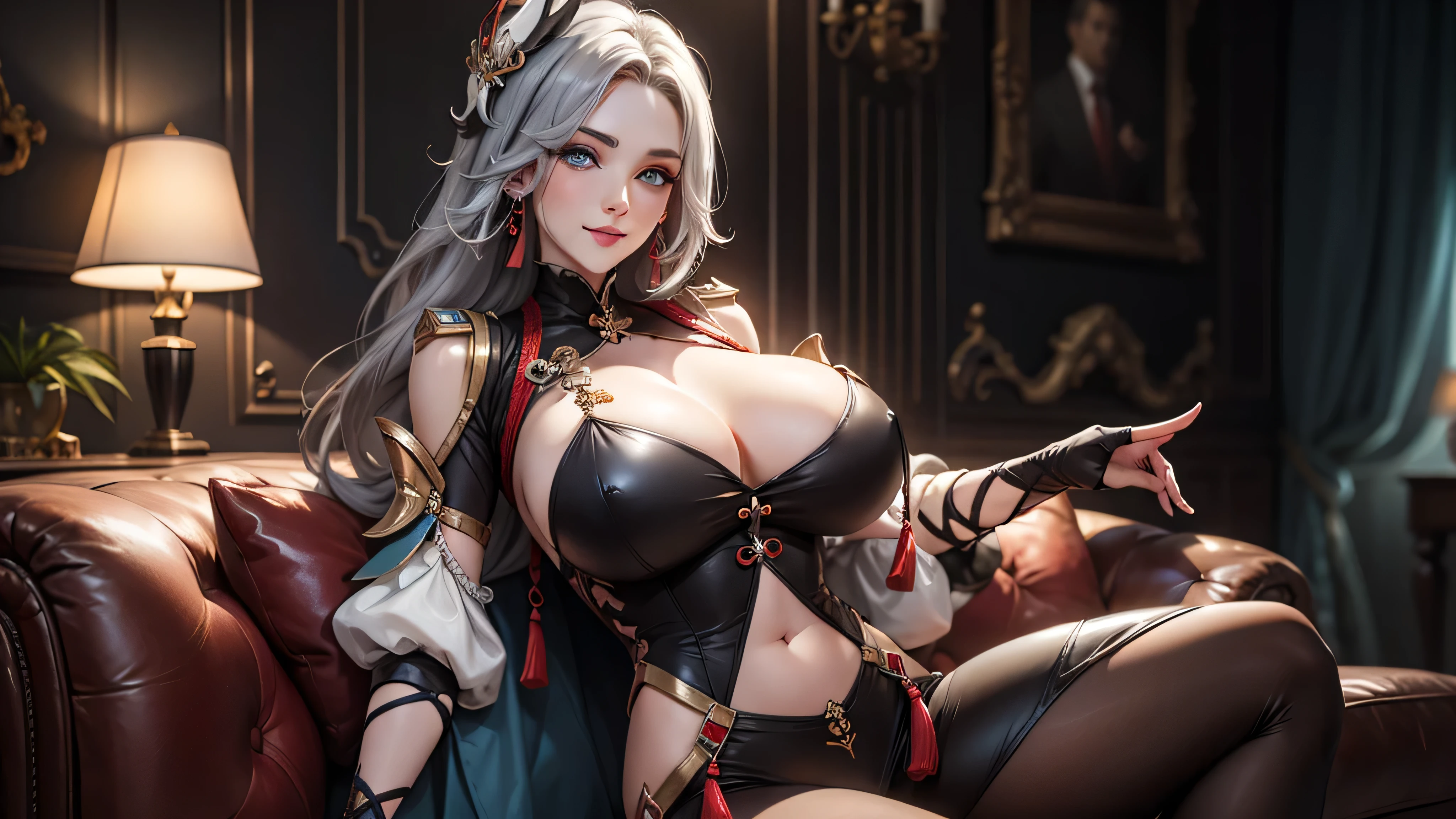 earrings, braided ponytail, puffy sleeves, gold trim, gloves, bodysuit, breast curtain, shoulder cutout, covered navel, hip vent, clothing cutout, tassel, (luxury livingroom background), ShenheV4, anime cels style, best quality, high resolution, 1girl, (huge breasts:1.2), beautiful face, grey hair, long hair, hair ornament, blue eyes, cowboy shot, smiling 32K UHD RGB