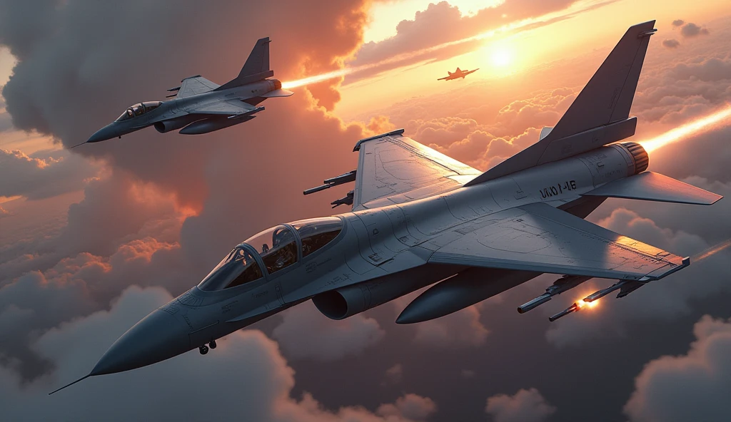1500; (masterpiece, best quality) destroyed sky; battle in the air; war planes of 1940; Chengdu J-10 vs. F-16