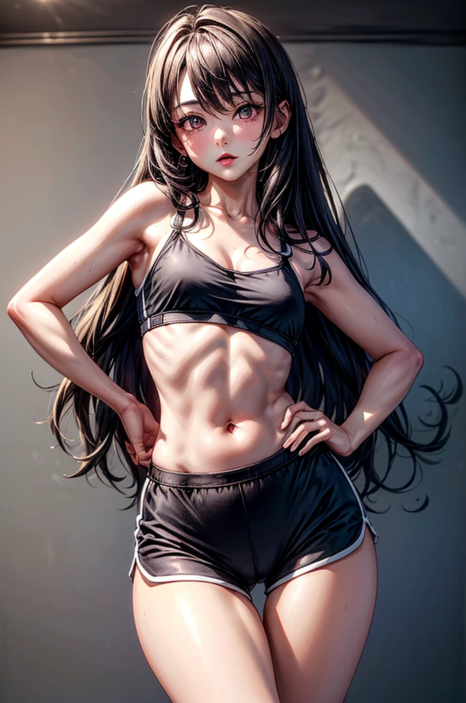 ((highest quality)),(ultra high resolution),(Super detailed), (best work of art), (1 young girl:1.5), beautiful and well-shaped face:1.5,(Beautiful skin with precise and detailed depiction:1.6),(sports bra and waist band nylon shorts ),gorgeous, masterpiece, best quality, high-resolution, finely detailed, extremely detailed and beautiful, distinct-image, hourglass figure, 1 girl, 1 teenager, solo, sharp facial features, oval shaped face. cherry red lips,. velvet-colored eyes, curvy wide hips, D-cup breasts, tall height(175cm), slim curves, toned body, waist length ink-black dark violet hair, small narrow waist, long and slender legs, lightly tanned white skin