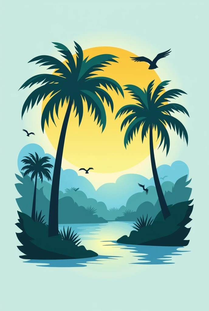 Minimalist and colorful logo, in the icon style for social network profile with three buriti palm trees (Mauritia Flexuosa) in the swamp, with the sun shining brightly in the blue sky, with birds flying in the distance in the sky. Centered logo.