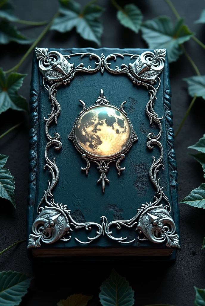 a black grimoire with silver carvings with small vine leaves on the four corners of the cover and in its center a full moon with cufflink
