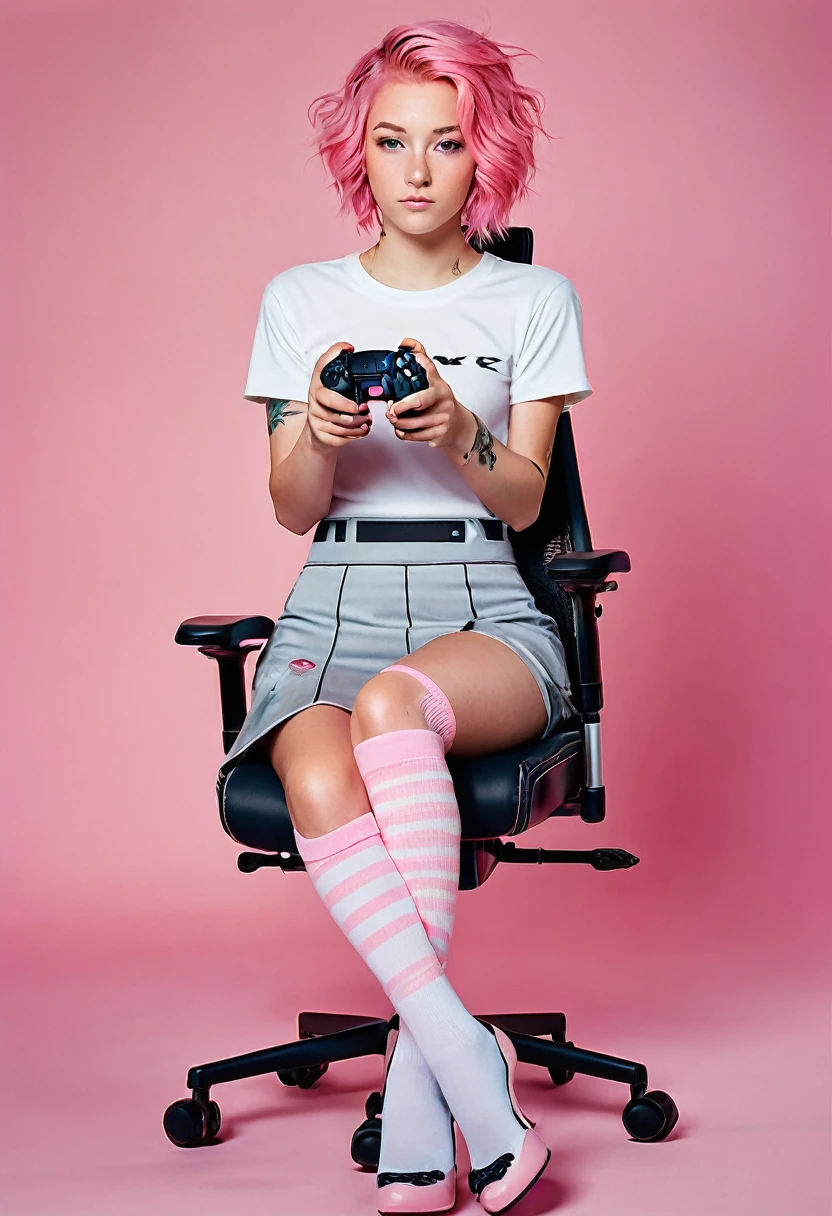 pink hair girl with freckles, pink blush and tattoos wearing knee-high socks and a short miniskirt, sitting in a pink gaming chair, holding a PS5 controller top quality picture, perfect symmetry, vibrant and clear, high level of detail and definition, 1200 PPI – Photographic resolution with greater central realism, Hyper-realistic and cinematic high-fidelity 16K UHD image resolution.