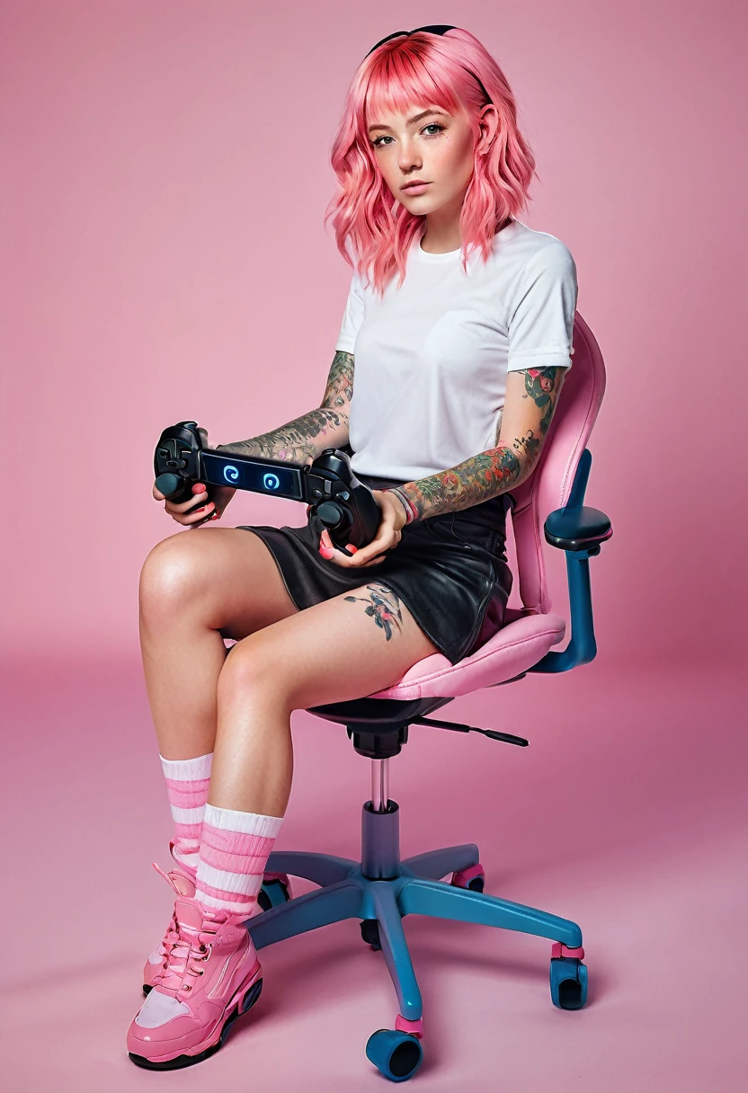 pink hair girl with freckles, pink blush and tattoos wearing knee-high socks and a short miniskirt, sitting in a pink gaming chair, holding a PS5 controller top quality picture, perfect symmetry, vibrant and clear, high level of detail and definition, 1200 PPI – Photographic resolution with greater central realism, Hyper-realistic and cinematic high-fidelity 16K UHD image resolution.