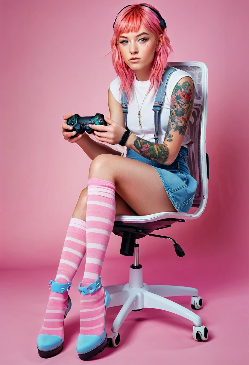 pink hair girl with freckles, pink blush and tattoos wearing knee-high socks and a short miniskirt, sitting in a pink gaming chair, holding a PS5 controller top quality picture, perfect symmetry, vibrant and clear, high level of detail and definition, 1200 PPI – Photographic resolution with greater central realism, Hyper-realistic and cinematic high-fidelity 16K UHD image resolution.