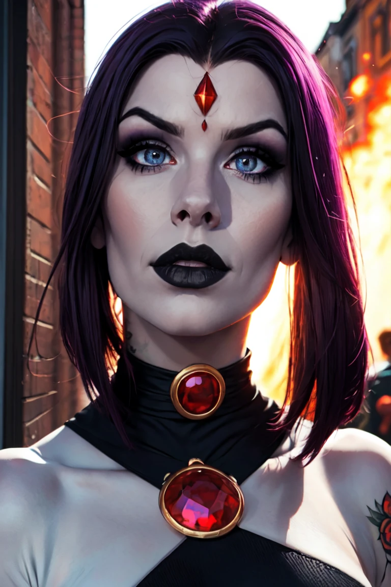 (Best Quality, 8k, masterpiece, HD), (Photo of attractive Caucasian gothic model woman with tattoos), only 1Girl like Raven, ((precious stone on the forehead)), heavy makeup , layer, choker,very pale skin,Ultra detailed face, detailed lips, fine eyes, black lipstick, fine eyes, whole body, walking on fire