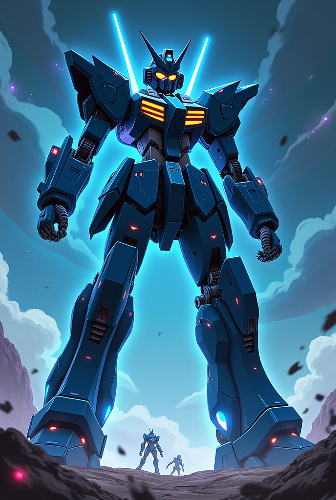 Dark navy, Fluorescent Cyan, anime, Giant Robot, Sense of presence, Uplifting,Junmin, A full-body image of a simple female super robot, Fighting with the enemy, Simple Background,universe,