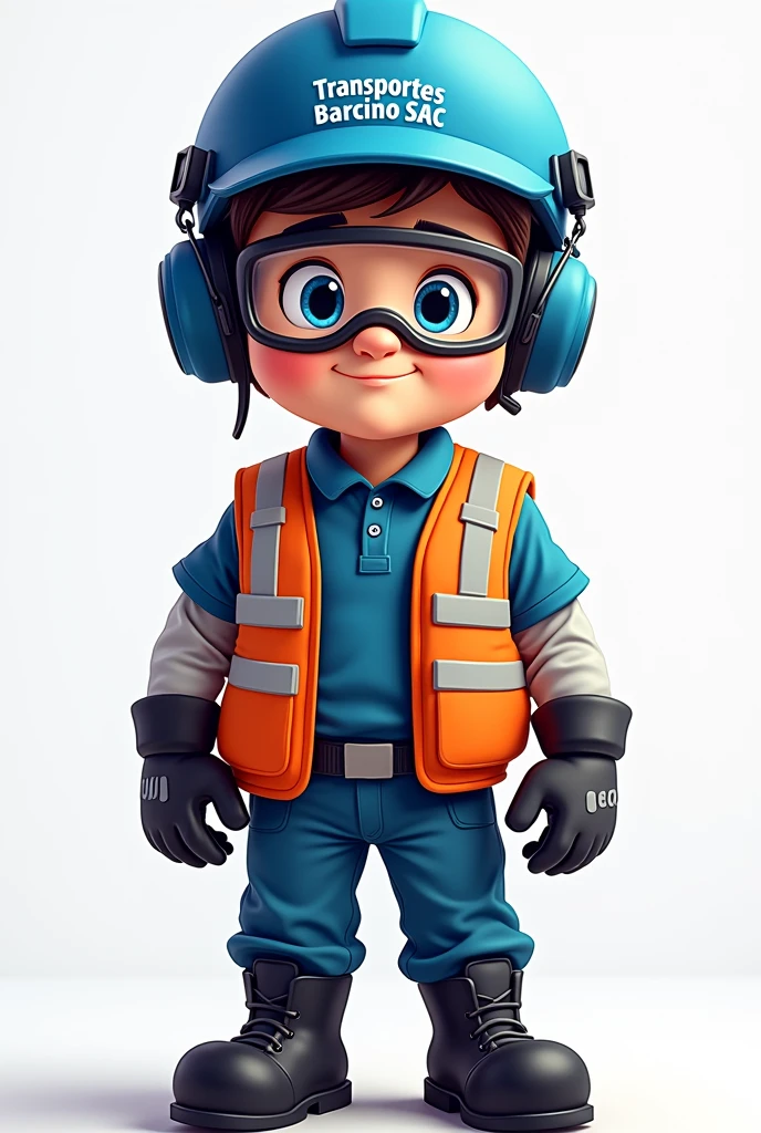 Cartoon of a semi-truck driver wearing personal protective equipment with black boots, blue helmet, Orange vest with reflective tapes, Long sleeve polo with reflective tape and lead, Blue pants, Goggles and leather gloves. The logo must be on the helmet "TRANSPORTES BARCINO SAC"