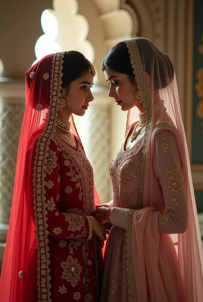 A 2 girl is in Pakistani red bridal dress and her sister 20 years old is in light pink long fancy gowns and dupta are looking at each other with sad expressions